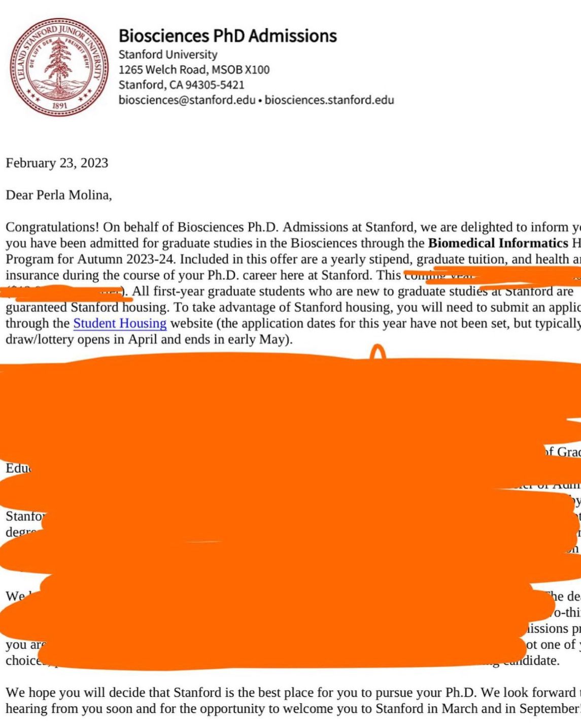 Cropped Stanford Acceptance Letter 2023